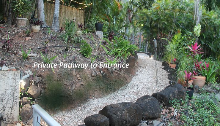 Secluded garden pathway leading through tropical plants to the entrance deck walkway