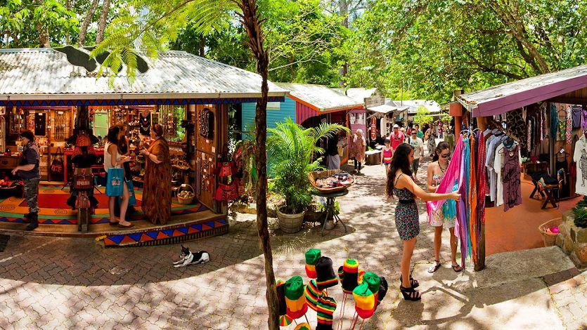 Visitors shopping for local arts and crafts at the Kuranda Rainforest Markets on the Atherton Tablelands